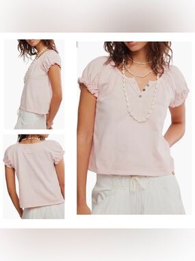 We The Free Issa Tee Puffed Sleeve Henley Top XL Pink Quartz NWT